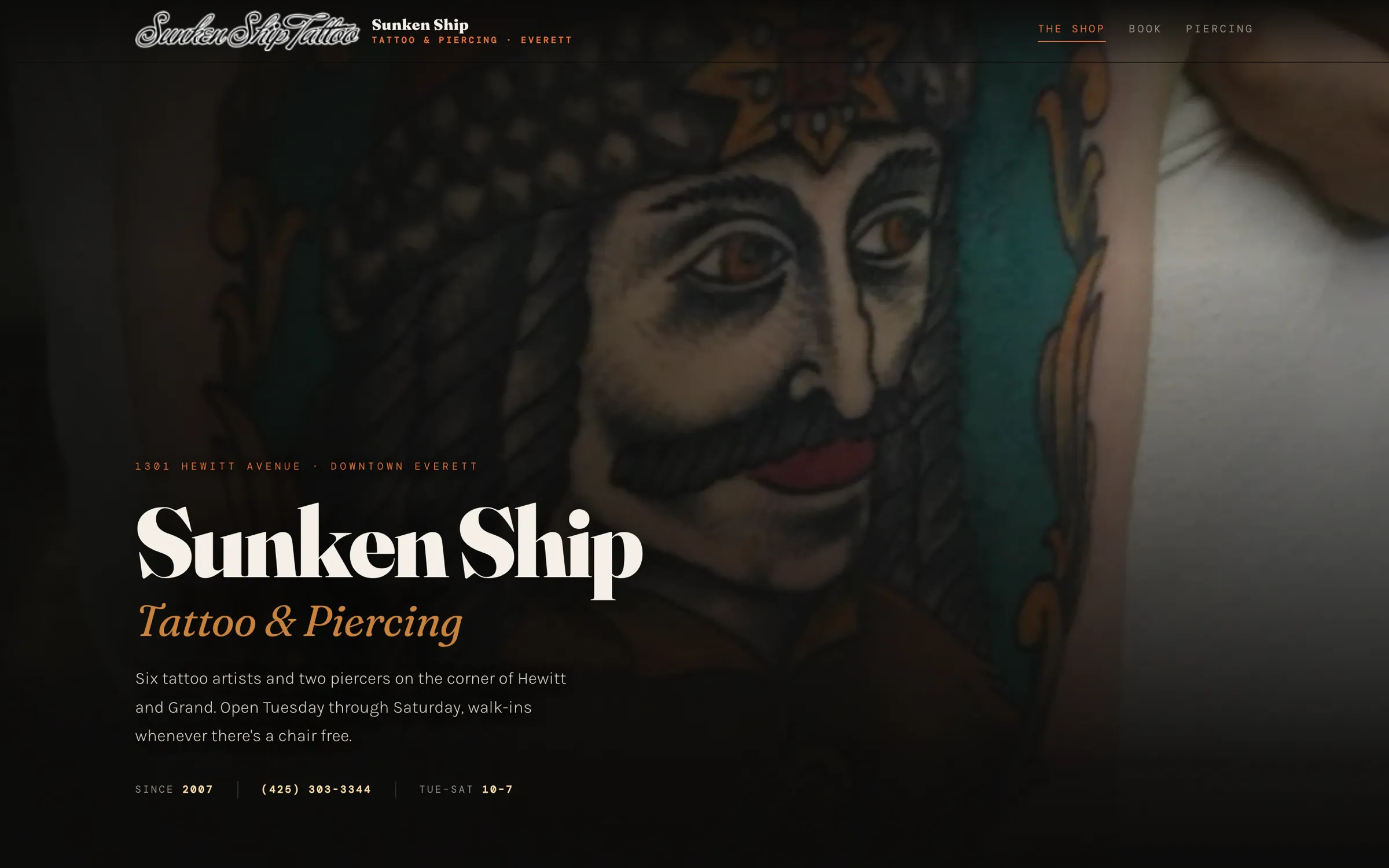 The website built for Sunken Ship Tattoo in Everett, WA